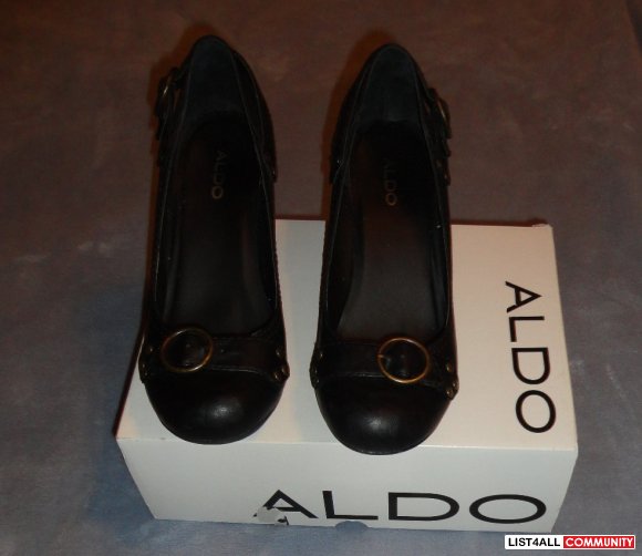 ALDO Black Leather 2 3/4" Wedge Heels Shoes Women's 9 (39)