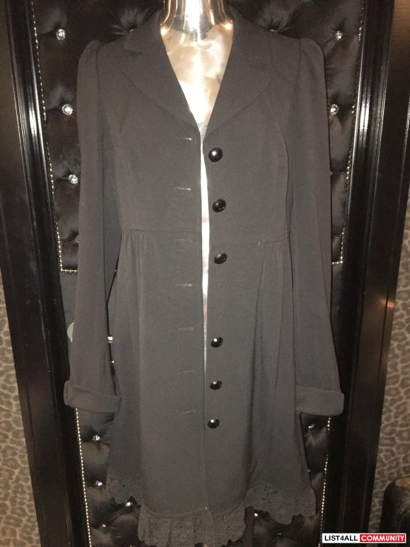 Betsey Johnson Black Show Coat with lace ruffle detail up back Size 12