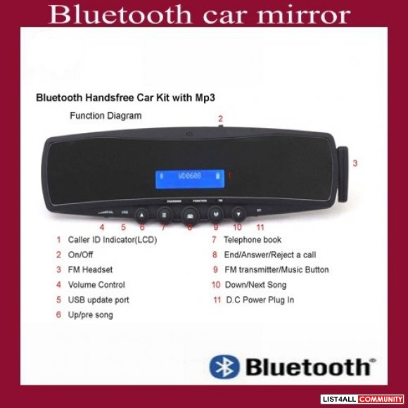 BLUETOOTH HANDSFREE CAR KIT REAR MIRROR LCD SCR DISPLAY FM MP3
