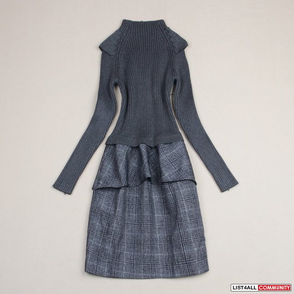 Grey knit top collar with plaid skirt