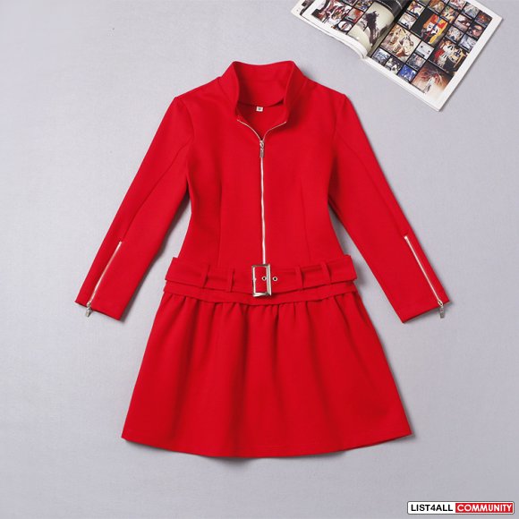 Red stand up collar zip-up one-piece