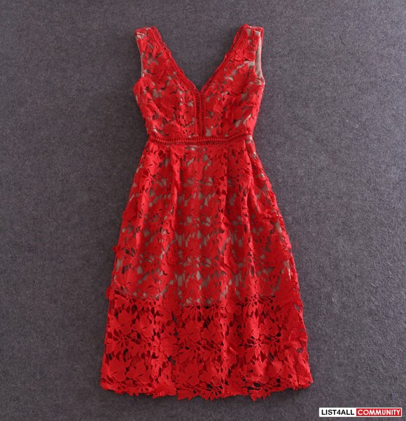 Lace v-neck one-piece dress mid