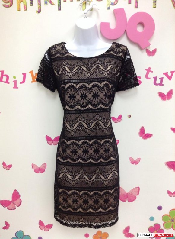 Short sleeve black lace with beige lining dress S, M, or L