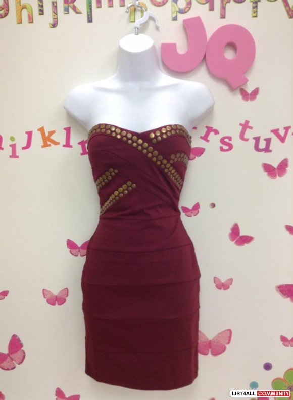 Burgundy with Gold Circle Studs Dress S, M, or L