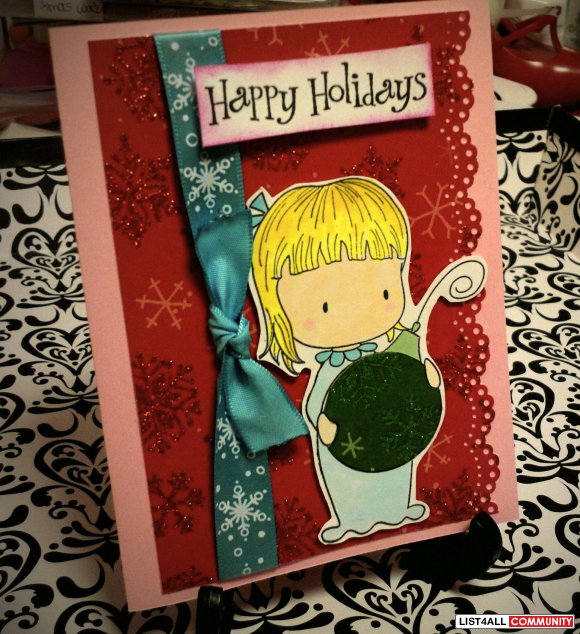 Happy Holidays girl with ornament card