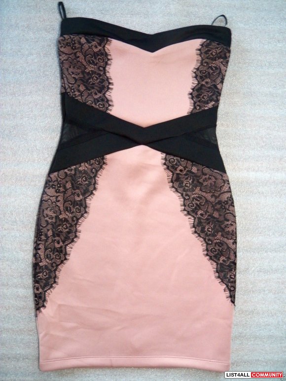 bebe black pink dusty rose mesh cutout lace strapless bodycon dress S