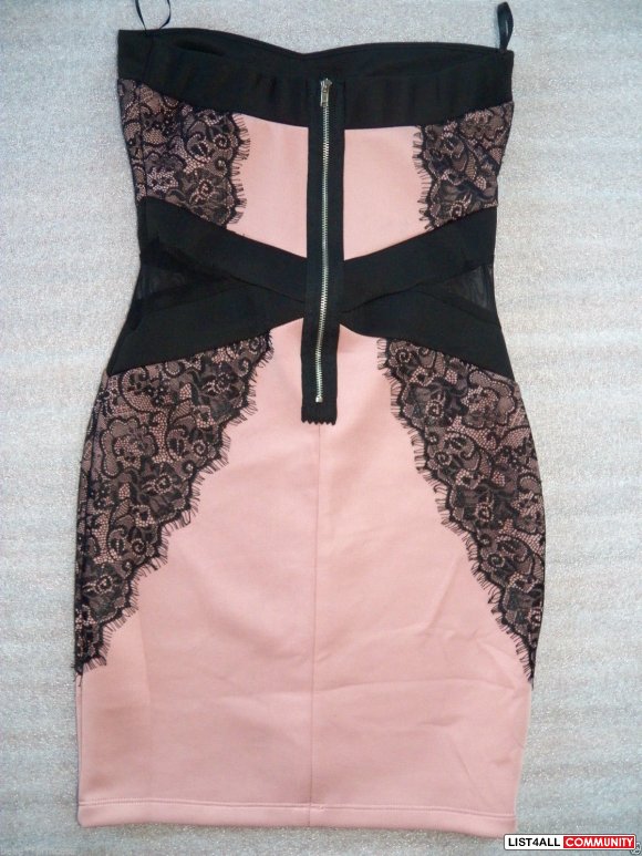 bebe black pink dusty rose mesh cutout lace strapless bodycon dress S