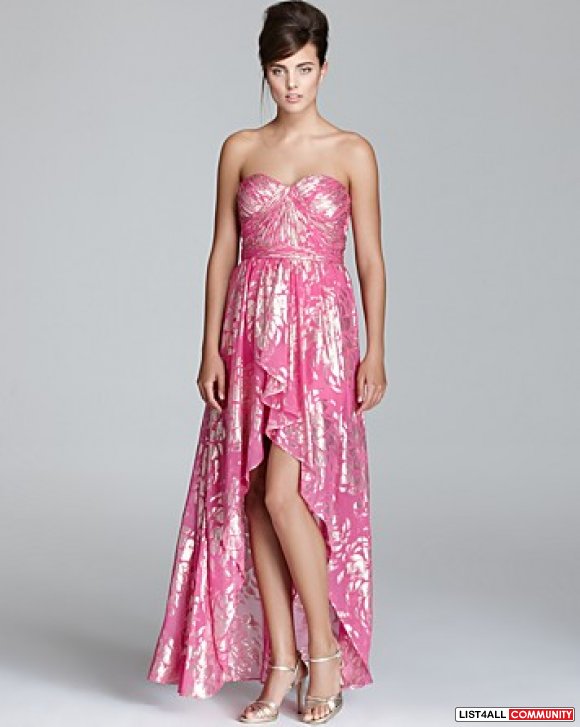 NWT Aritzia Aqua Pink Foiled Chiffon Strapless Hi-Low Cocktail Dress 0