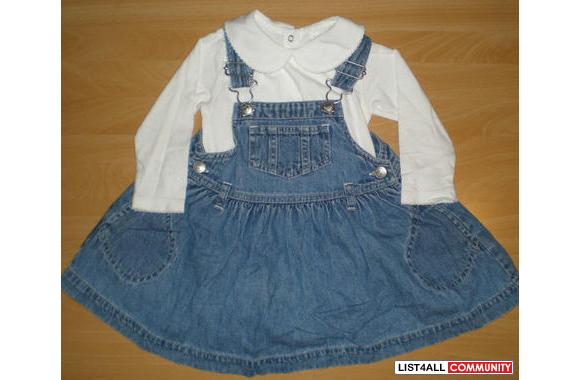 Baby Gap Denim Overall Dress with white onesie t-shirt with scallop co