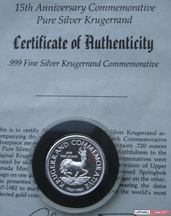 15th Anniversary Krugerrand Commemorative - .999 Pure Silver