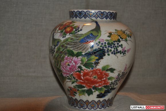 Vase w Peacock & Floral Panels, Japan