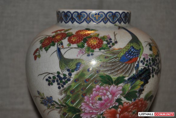 Vase w Peacock & Floral Panels, Japan