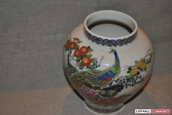 Vase w Peacock & Floral Panels, Japan