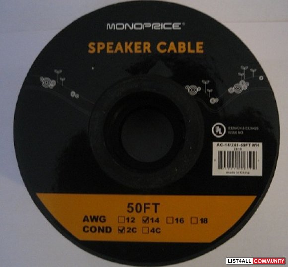 50ft 14AWG CL2 Rated 2-Conductor Loud Speaker Cable in-Wall install