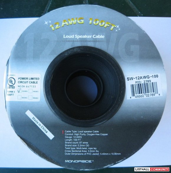100ft - 12AWG Enhanced Loud Oxygen-Free Copper Speaker Wire Cable